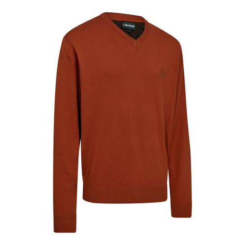 Deerhunter men's Harrington V-neck knit jumper in Oak Rust, merino wool.