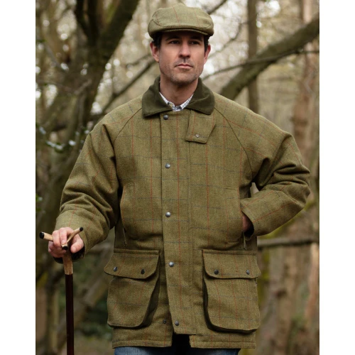 Walker & Hawkes Derby Tweed Barlaston Shooting Jacket in Forest Green Tweed, men's waterproof tweed shooting jacket