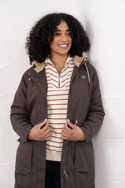 Lighthouse Ladies Waterproof Isobel Coat in Cocoa, women's waterproof three quarter length jacket with hood