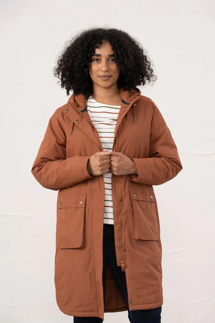 Lighthouse Ladies Imogen Coat in Rust, women's waterproof longer length coat