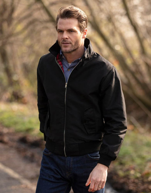 Walker & Hawkes Classic Harrington Jacket, men's lightweight cotton mix jacket in  black
