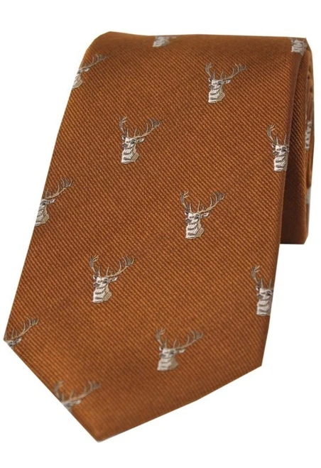 Soprano Silk Tie in Brown Rust with woven Stag Heads