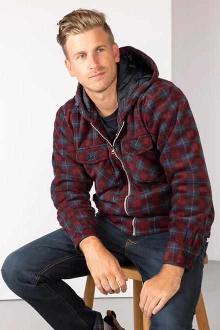 Rydale Men's Ulrome Hooded Fleece Overshirt in wine check