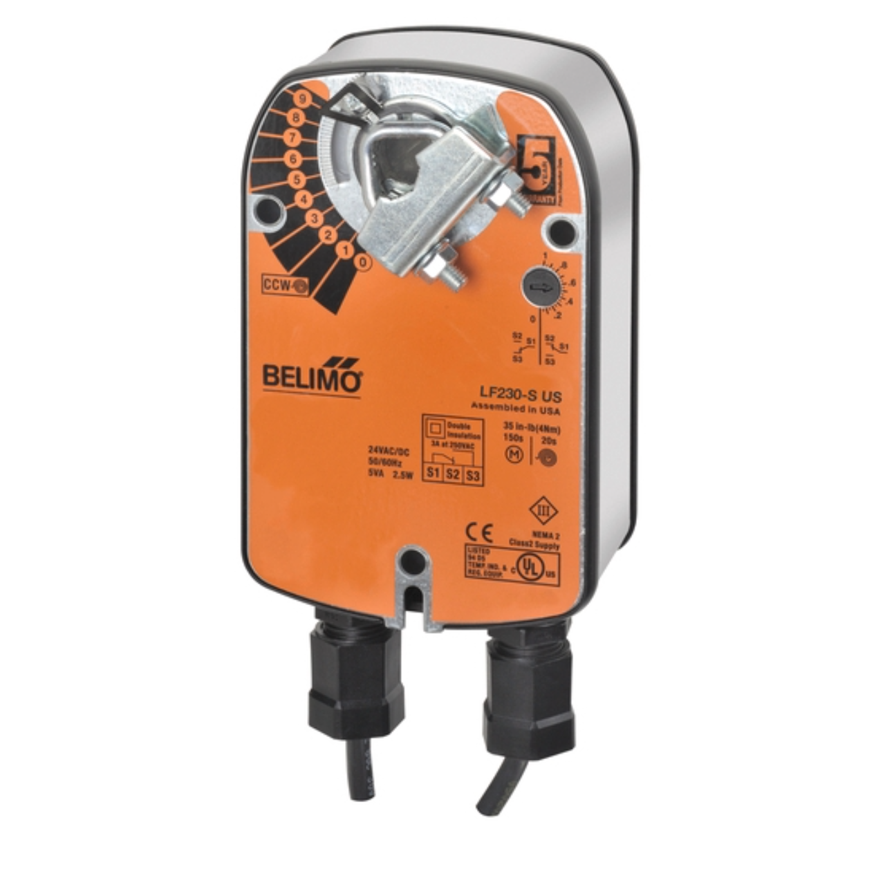 Belimo LF230-S US : Fail-Safe Damper Actuator, 35 in-lb Torque, 230VAC,  On/Off Control Signal, (1) SPDT 3A @250V Aux Switch, 5-Year Warranty