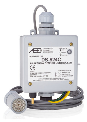 ASE DS-824C : Rain/Snow Melt Sensor Controller, Remote 10' Cable Precipitation Sensor, 22-28V AC/DC Input Power, Control: 1 x 30A @ 24VAC / 1 x 20A @ 28VDC