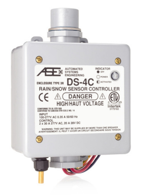 ASE DS-4C : Rain/Snow Sensor Controller, Integral Precipitation Sensor, 100-277VAC Input Power, Control: 2 x 30A @ 277VAC / 2 x 20A @ 28VDCC, Antenna Optimized