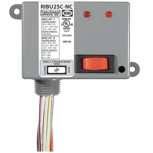 Functional Devices RIBU2SC-NC : Pilot Relays, 10 Amp SPST-N/C + Override + 1 SPDT, 10-30 Vac/dc/120 Vac Coil, NEMA 1 Housing