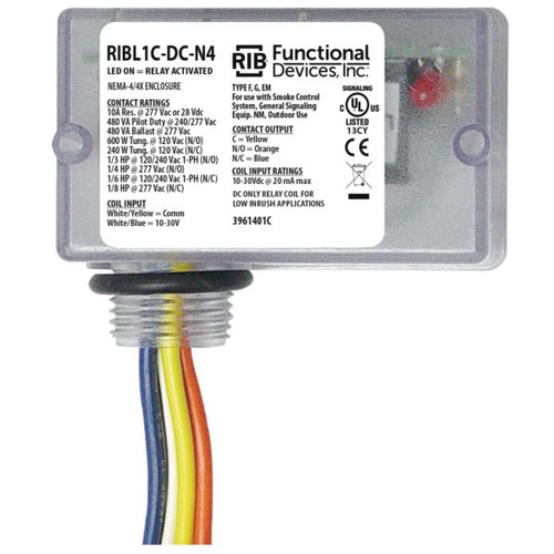 Functional Devices RIBL1C-DC-N4 : Pilot Relay, 10 Amp SPDT, 10-30 Vdc Limited Inrush Coil, NEMA 4X Clear Housing