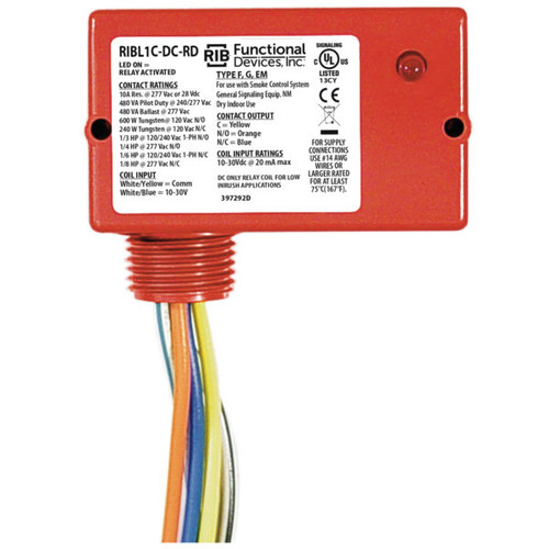 Functional Devices RIBL1C-DC-RD : Pilot Relay, 10 Amp SPDT, 10-30 Vdc Limited Inrush Coil, Red Housing