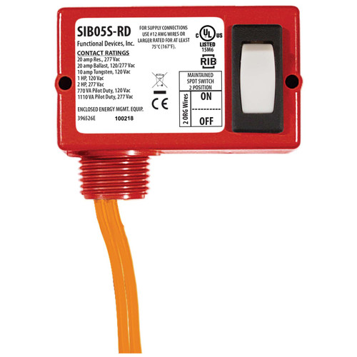 Functional Devices SIB05S-RD : Prepackaged Switch, 1 SPST Relay Contact, Maintained 2 Position (On/Off) Switch, 20 Amp @ 277 Vac Switch Rating, Red Housing, Made in USA