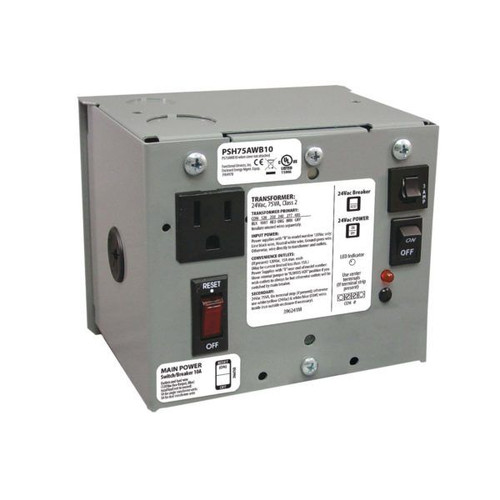 Functional Devices PSH75AWB10 : Single 75 VA Power Supply, 120 to 24 Vac, UL Class 2, Secondary Wires, 10 Amp Main Breaker, Metal Enclosure