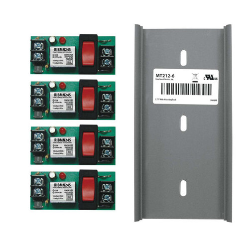 Functional Devices RIBMN24S-4T : Four Pilot Relays, 15 Amp SPST + Override, 24 Vac/dc Coil, 2.75" x 6.00" Track Mount