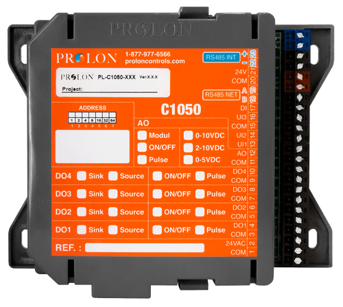 Prolon PL-C1050-FCU : Fan Coil Unit Controller, 4 Digital Outputs, 1 Analog Outputs, 3 Analog Inputs, 1 Digital Input, Modbus RTU (RS485)