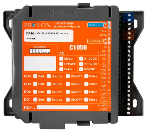 Prolon PL-C1050-FCU : Fan Coil Unit Controller, 4 Digital Outputs, 1 Analog Output, 3 Analog Inputs, 1 Digital Input, Modbus RTU (RS485)