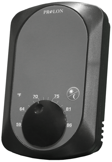 Prolon PL-T200F-BGL : Digital Wall Sensor, 10K Type III Thermistor, Setpoint Knob Farhenheit, Momentary Pushbutton to Override, Black Enclosure, Grey Label