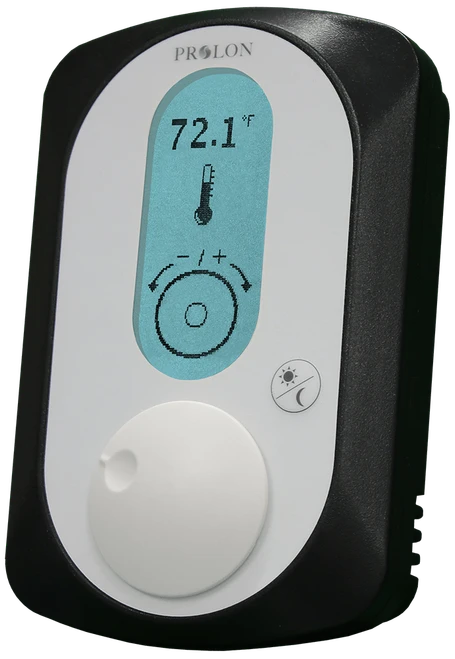 Prolon PL-T500-BWL : Communicating Digital Wall Sensor, 10K Type 3 Thermistor, Backlit LCD, Rotary Setpoint Knob, Override Pushbutton, Black Enclosure, White Label