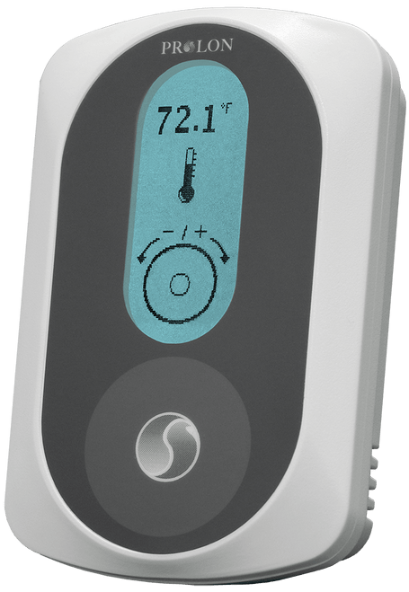 Prolon PL-T1100-WGL : Single Zone Addressable or Standalone Controller, Includes: 1 remote temperature input (10k-3), 1 DO, 1 AO, Override, White Enclosure, Grey Label, Circular Capacitive Touchpad, LCD, Modbus RTU Communication Protocol, RS485 Port