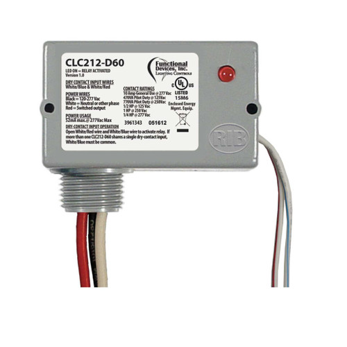 Functional Devices CLC212-D60 : Closet Light Controller Relay, 60 Minute Delay, 10 Amp SPST-N/O, Separated Class 2 Dry Contact Input, 120-277 Vac Power, NEMA 1 Housing