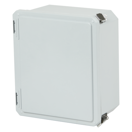 Cover on view of Stahlin DS60604HPL : Fiberglass Enclosure, Diamond Shield Series, Inside Diameter : 6.77 x 6.77 x 4.06, Hinged Opaque Cover, 2 Lockable Pull Latches, NEMA Ratings (UL508A, UL50 & UL50E): 1, 3, 3S, 4X, 12, 13)