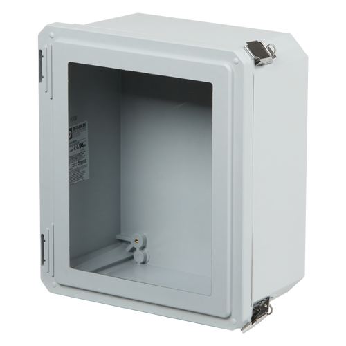 Cover on view of Stahlin DSW100806HPL : Fiberglass Enclosure, Diamond Shield Series, Inside Dia. : 10.73 x 8.73 x 6.06, Window Area 8.25 x 6.25, Hinged Flush Bonded Window Cover, 2 Lockable Pull Latches, NEMA (UL508A, UL50 & UL50E): 1, 3, 3S, 4X, 12, 13)