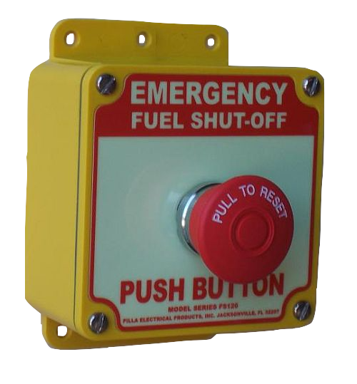 Pilla FS120 : Emergency Fuel Shut Off Push Button Operator Station, Maintained "Pull to Reset" 40mm Red Mushroom Operator, Surface Mount Nema 4x & 12 Nonmetallic Enclosure, 12 Amp at 120 VAC, 10 Amp at 24 VDC, Fits 1-3 Contact Blocks