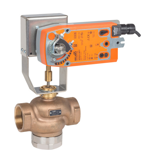 Belimo G332B-M+NFX24-MFT-S-X1 : 3-Way 1-1/4" Globe Valve, ANSI Class 250, Cv 20, Bronze Trim |Configurable Valve Actuator, Spring return, AC/DC 24 V, 2...10 V, 2 x SPDT, MFT/programmable