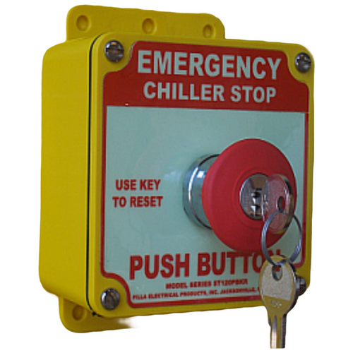 Pilla ST120SLKR-Emergency Chiller Stop : "Emergency Chiller Stop" Push Button Station, Key Release 40mm Mushroom Button, Surface Mount Nema 4/4X Enclosure, Fits 1-3 Contact Blocks