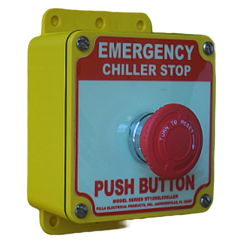 Pilla ST120SLTW-Emergency Chiller Stop : "Emergency Chiller Stop" Push Button Station, Maintained (Turn to Reset) 40mm Mushroom Button, Surface Mount Nema 4/4X Enclosure, Fits 1-3 Contact Blocks