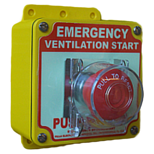 Pilla ST120SLCLM-Emergency Ventilation Start : "Emergency Ventilation Start" Push Button Station, Maintained (Pull to Reset) 40mm Mushroom Button, One Clear Hinged Lockout Lid, Surface Mount Nema 4/4X Enclosure, Fits 1-3 Contact Blocks