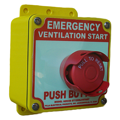 Pilla ST120GMSL-Emergency Ventilation Start : "Emergency Ventilation Start" Push Button Station, Maintained (Pull to Reset) 40mm Mushroom Button, Red Metal Guard, Surface Mount Nema 4/4X Enclosure, Fits 1-3 Contact Blocks