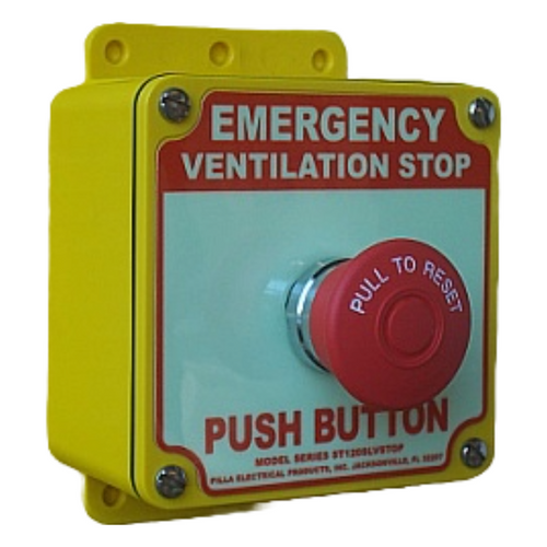 Pilla ST120SL-Emergency Ventilation Stop : "Emergency Ventilation Stop" Push Button Station, Maintained (Pull to Reset) 40mm Mushroom Button, Surface Mount Nema 4/4X Enclosure, Fits 1-3 Contact Blocks