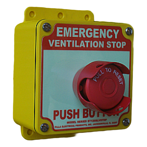 Pilla ST120GMSL-Emergency Ventilation Stop : "Emergency Ventilation Stop" Push Button Station, Maintained (Pull to Reset) 40mm Mushroom Button, Red Metal Guard, Surface Mount Nema 4/4X Enclosure, Fits 1-3 Contact Blocks