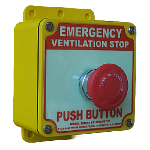 Pilla ST120SLTW-Emergency Ventilation Stop : "Emergency Ventilation Stop" Push Button Station, Maintained (Turn to Reset) 40mm Mushroom Button, Surface Mount Nema 4/4X Enclosure, Fits 1-3 Contact Blocks