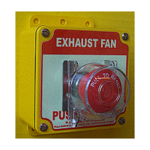 Pilla ST120SLCLM-Exhaust Fan : "Exhaust Fan" Push Button Station, Maintained (Pull to Reset) 40mm Mushroom Button, One Clear Hinged Lockout Lid, Surface Mount Nema 4/4X Enclosure, Fits 1-3 Contact Blocks
