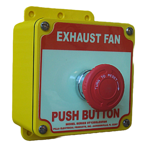 Pilla ST120SLTW-Exhaust Fan : "Exhaust Fan" Push Button Station, Maintained (Turn to Reset) 40mm Mushroom Button, Surface Mount Nema 4/4X Enclosure, Fits 1-3 Contact Blocks