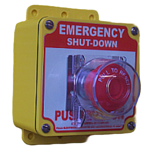 Pilla ST120SLCLM-Emergency Shut Down : "Emergency Shut Down" Push Button Station, Maintained (Pull to Reset) 40mm Mushroom Button, One Clear Hinged Lockout Lid, Surface Mount Nema 4/4X Enclosure, Fits 1-3 Contact Blocks