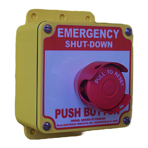 Pilla ST120GMSL-Emergency Shut Down : "Emergency Shut Down" Push Button Station, Maintained (Pull to Reset) 40mm Mushroom Button, Red Metal Guard, Surface Mount Nema 4/4X Enclosure, Fits 1-3 Contact Blocks