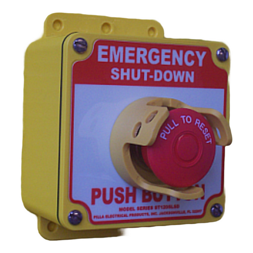 Pilla ST120SLGMY-Emergency Shut Down : "Emergency Shut Down" Push Button Station, Maintained (Pull to Reset) 40mm Mushroom Button, Yellow NonMetallic Guard, Surface Mount Nema 4/4X Enclosure, Fits 1-3 Contact Blocks