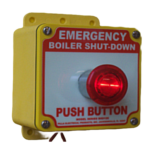 Pilla BSD120IL : "Emergency Boiler Shut Down" Push Button Station, Iluminated Red LED 40mm Mushroom Button (24-120VAC/DC ), Surface Mount Nema 4/4X Enclosure, Fits 1-3 Contact Blocks
