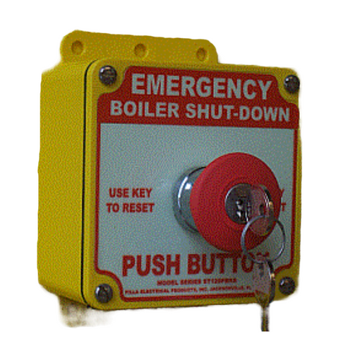 Pilla BSD120KR : "Emergency Boiler Shut Down" Push Button Station, Key Release 40mm Mushroom Button, Surface Mount Nema 4/4X Enclosure, Fits 1-3 Contact Blocks