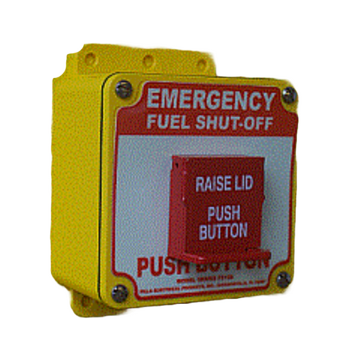 Pilla FS120RP : "Emergency Fuel Shut Off " Push Button Station, "Raise Lid-Push button" Model, Padlockable Solid Lid over Flush Momentary Button, Surface Mount Nema 4/4X Enclosure, Fits 1-3 Contact Blocks