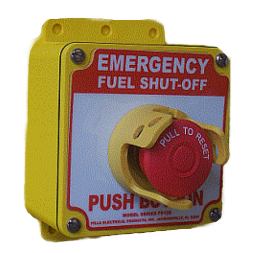 Pilla FS120GMY : "Emergency Fuel Shut Off " Push Button Station, Maintained (Pull to Reset) 40mm Mushroom Button, Yellow NonMetallic Guard, Surface Mount Nema 4/4X Enclosure, Fits 1-3 Contact Blocks