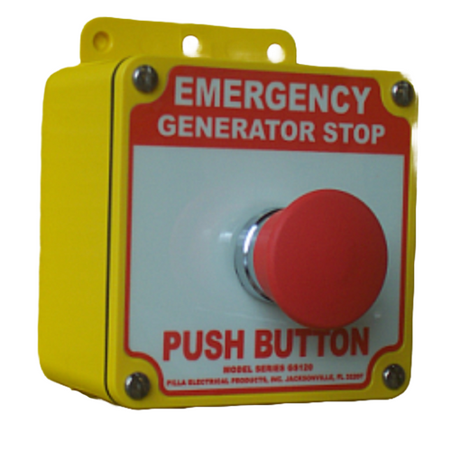 Pilla GS120MO : "Emergency Generator Stop" Push Button Station, Momentary 40mm Mushroom Button, Surface Mount Nema 4/4X Enclosure, Fits 1-3 Contact Blocks