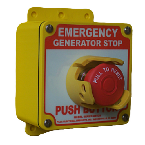 Pilla GS120GMY : "Emergency Generator Stop" Push Button Station, Maintained (Pull to Reset) 40mm Mushroom Button, Yellow NonMetallic Guard, Surface Mount Nema 4/4X Enclosure, Fits 1-3 Contact Blocks