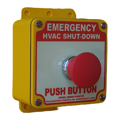 Pilla HVAC120MO : "Emergency HVAC Shut Down" Push Button Station, Momentary 40mm Mushroom Button, Surface Mount Nema 4/4X Enclosure, Fits 1-3 Contact Blocks