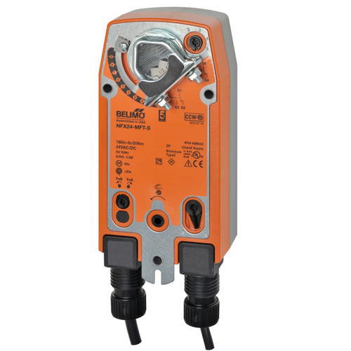 Belimo NFX24-MFT-S : Fail-Safe Damper Actuator, 90 in-lb Torque, 24VAC/DC, Programmable (2-10VDC Default) Control Signal, (2) SPDT 3A @250V Aux Switch, 5-Year Warranty (Configurable)