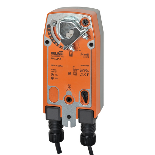 Belimo NFXUP-S : Fail-Safe Damper Actuator, 90 in-lb Torque, "UP" - Universal Power : 24 to 240 VAC / 24 to 125 VDC, On/Off Control Signal, (2) SPDT 3A @250V Aux Switch, 5-Year Warranty (Configurable)