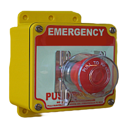 Pilla ST120SLCLM-Emergency : "Emergency" Push Button Station, Maintained (Pull to Reset) 40mm Mushroom Button, One Clear Hinged Lockout Lid, Surface Mount Nema 4/4X Enclosure, Fits 1-3 Contact Blocks