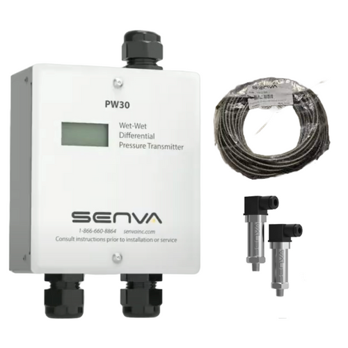 Senva PW30M-003-A-250 : Remote Wet-to-Wet Differential Pressure Transducer, Metal NEMA 3R Enclosure, Selectable Output 0-5V, 0-10V, or 4-20mA, 3' Factory Pre-Wired Armored Cable, Includes (Two) PWT250 (0-250 PSID) Remote Sensors, LCD Display