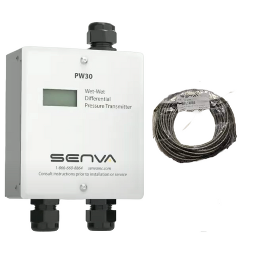 Senva PW30M-009-A : Remote Wet-to-Wet Differential Pressure Transducer, Metal NEMA 3R Enclosure, Selectable Output 0-5V, 0-10V, or 4-20mA, 9' Factory Pre-Wired Armored Cable, Remote Sensors Sold Seperately, LCD Display